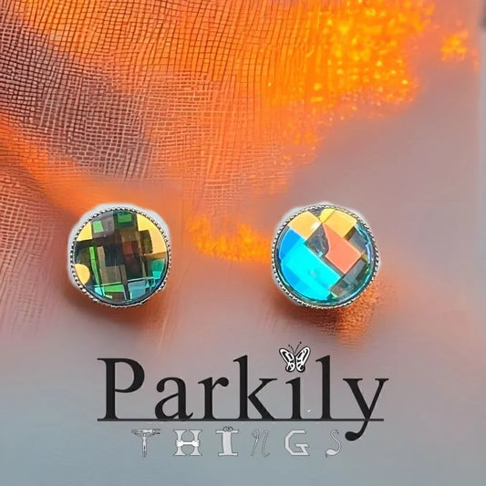 Handcrafted chessboard crystal earrings with Swarovski aurora borealis