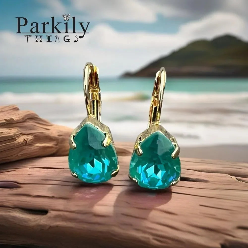 Handcrafted earrings with laguna blue teardrop Swarovski crystal