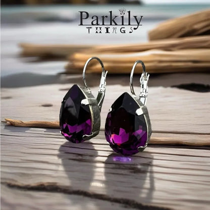 Handcrafted earrings with a purple amethyst teardrop Swarovski crystal