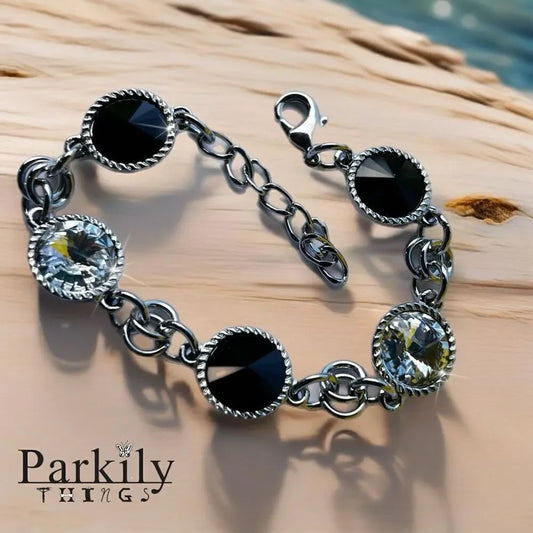 Handcrafted bracelet with jet black and clear Swarovski crystal