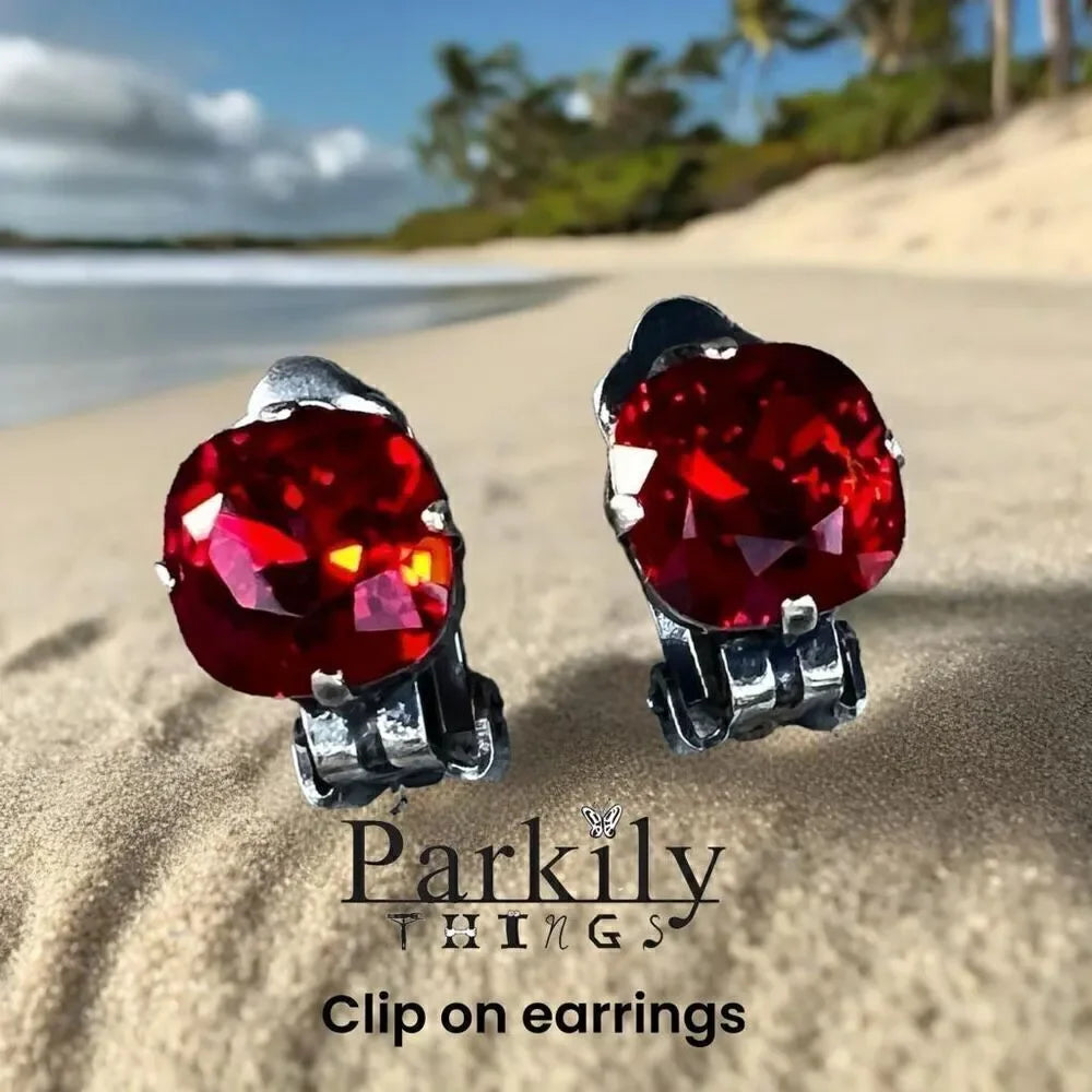 Clip on earrings with siam red cushion shape Swarovski crystal handcrafted