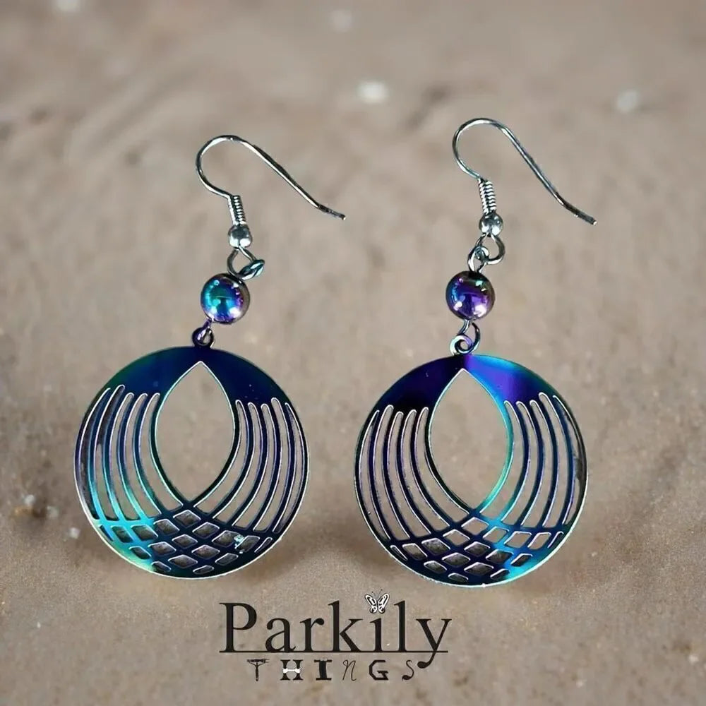 Handcrafted metal filagree colorful, rainbow earrings.