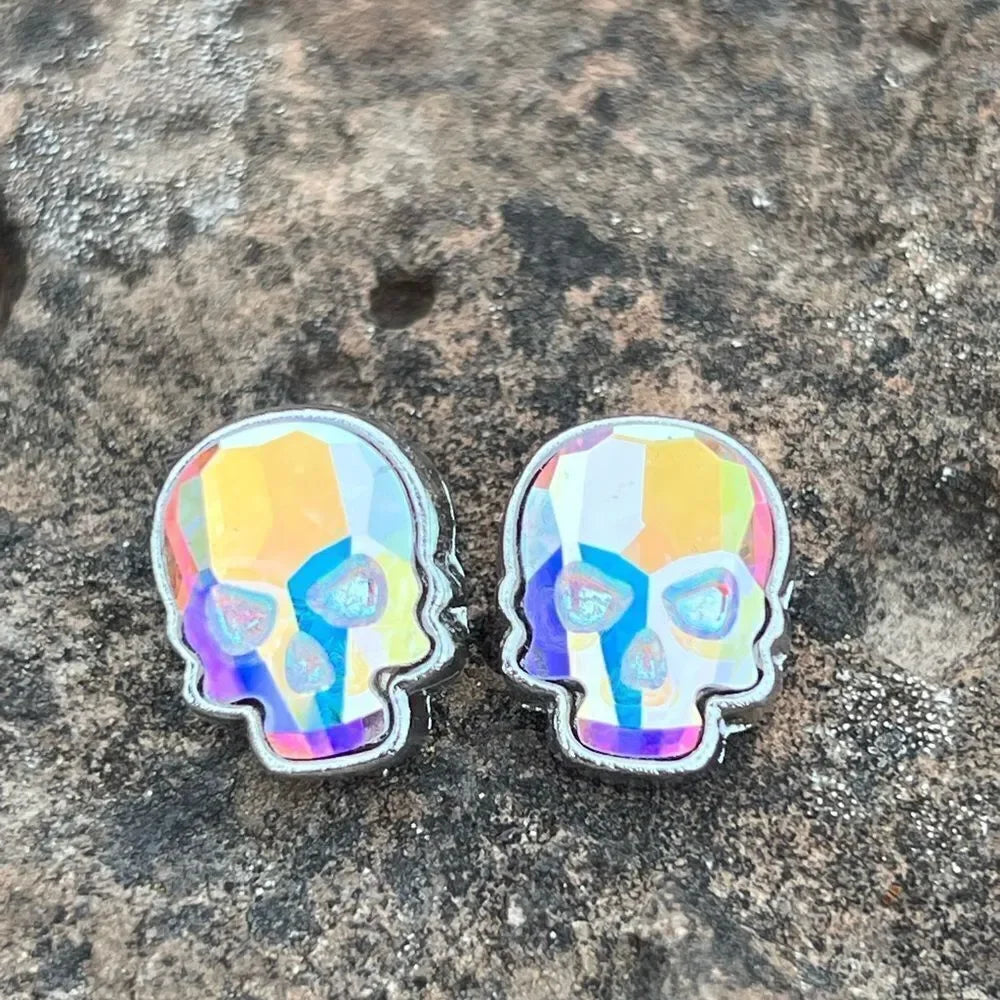 Skull stud earrings made with aurora borealis Swarovski crystal