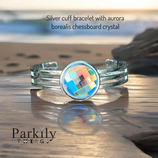 Handcrafted silver bracelet with AB Aurora borealis chessboard Swarovski crystal