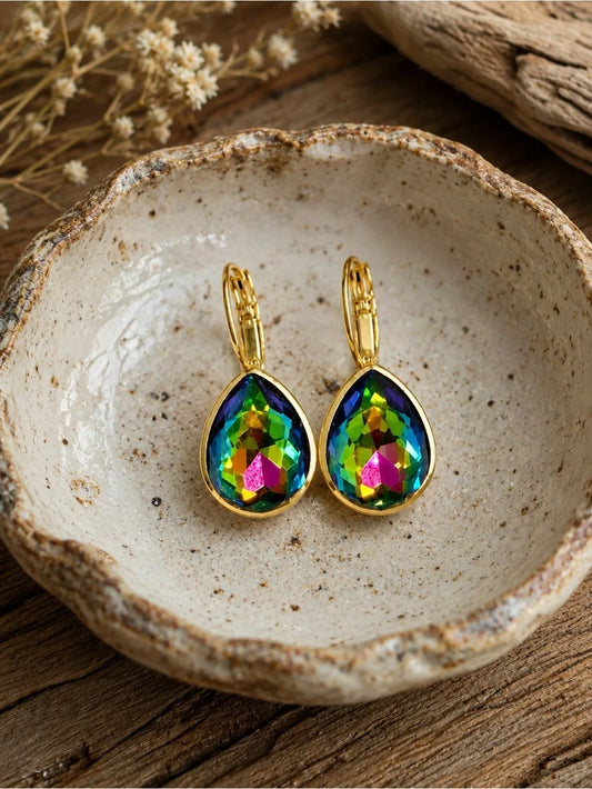 ParkilyThings Rainbow Vitrail Teardrop Crystal Earrings – gold tone leverback