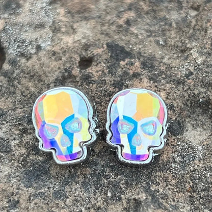 Skull post earrings made with aurora borealis Swarovski crystal