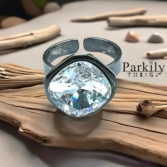 Handcrafted sparkly ring made with Swarovski crystal adjustable fit in gunmetal