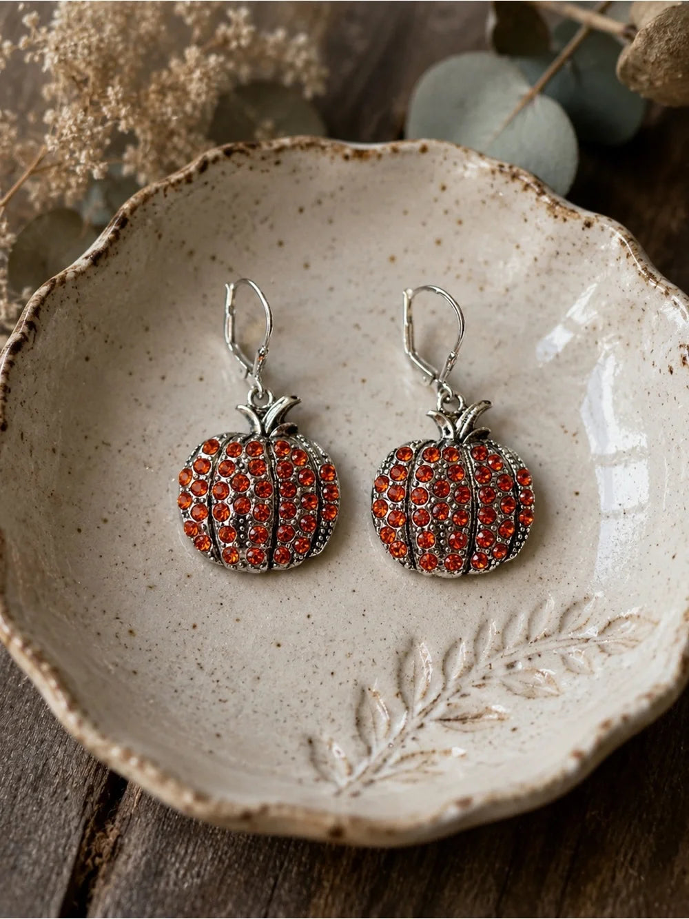 Sparkling Crystal Pumpkin Dangle Earrings – Silver Tone