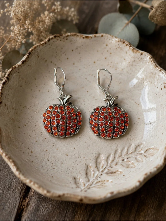 Sparkling Crystal Pumpkin Dangle Earrings – Silver Tone