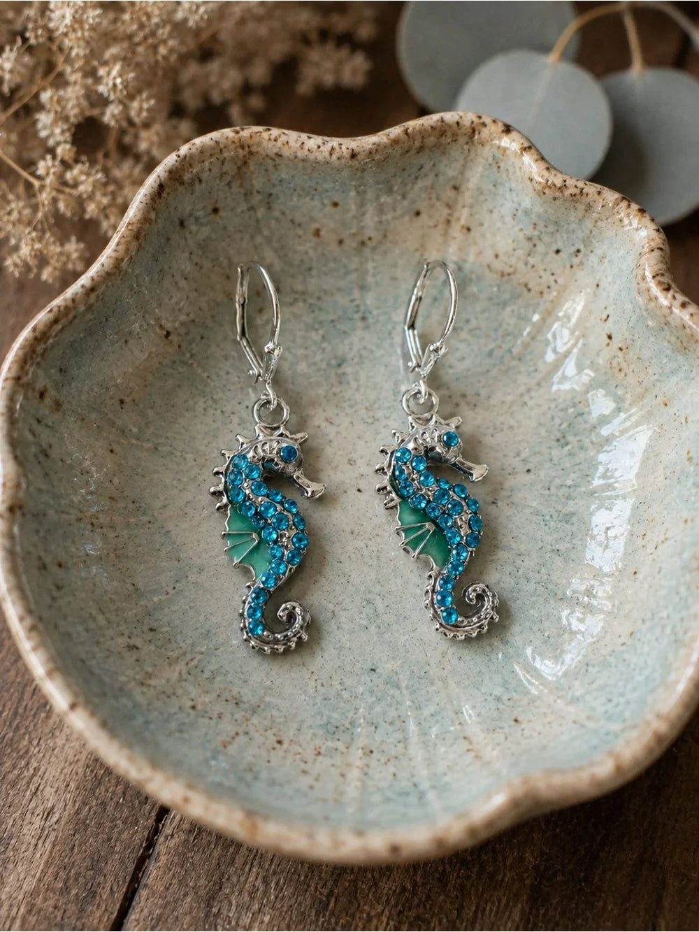 Sparkling Turquoise Crystal Seahorse Earrings Silver Tone Leverback