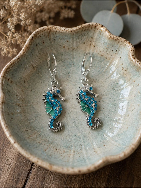 Sparkling Turquoise Crystal Seahorse Earrings Silver Tone Leverback