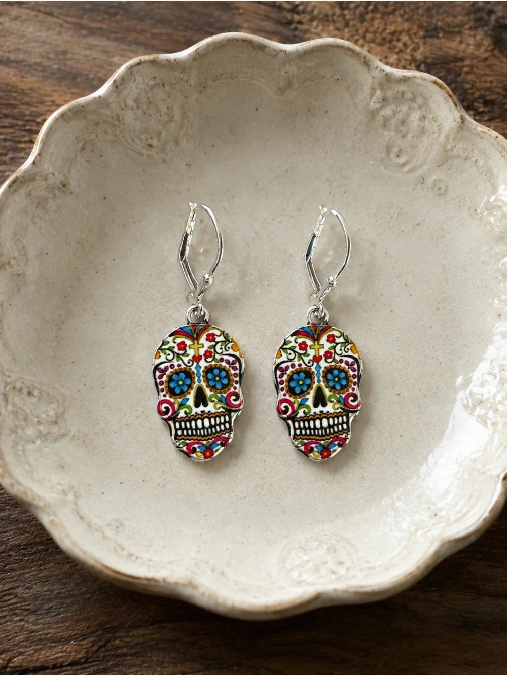 Day of the Dead Sugar Skull Earrings – Colorful Silver Dangles