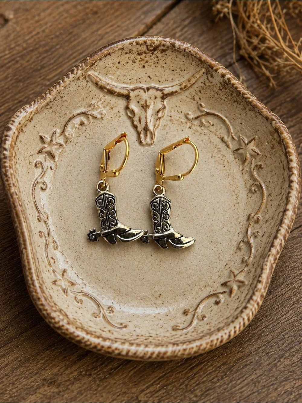 Western Cowgirl Boot Dangle Earrings – Gold Tone Leverbacks