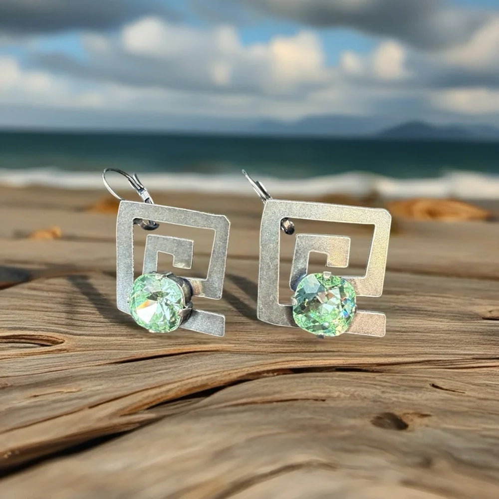 Peridot Green Crystal Earrings | Swarovski | Antique Silver Geometric Dangle