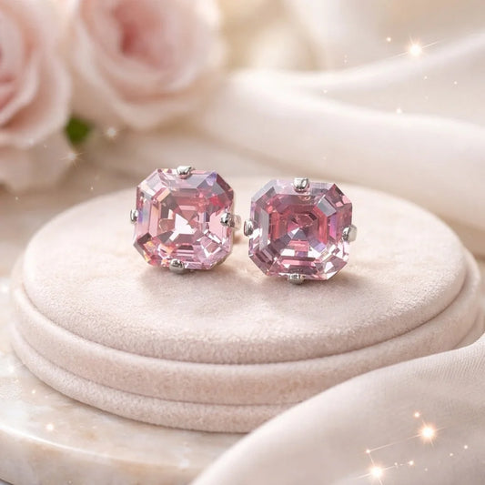 Pink Crystal Stud Earrings | Sparkly imperial Cut | Silver Tone