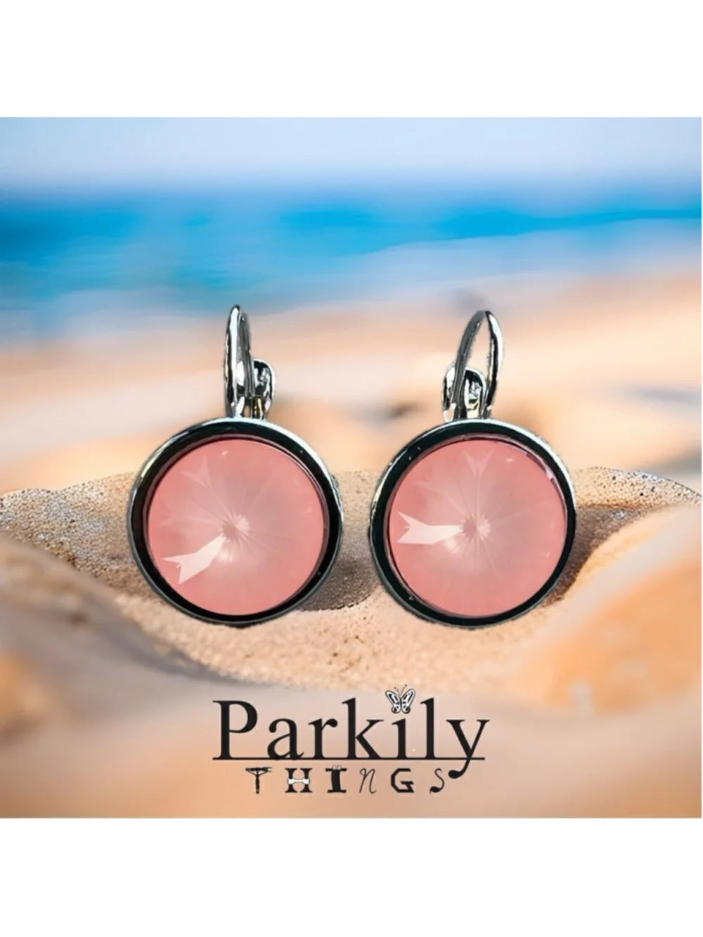 Coral peach salmon color sparkly earrings made with Swarovski crystal in silver