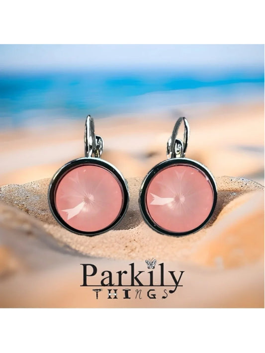 Coral peach salmon color sparkly earrings made with Swarovski crystal in silver