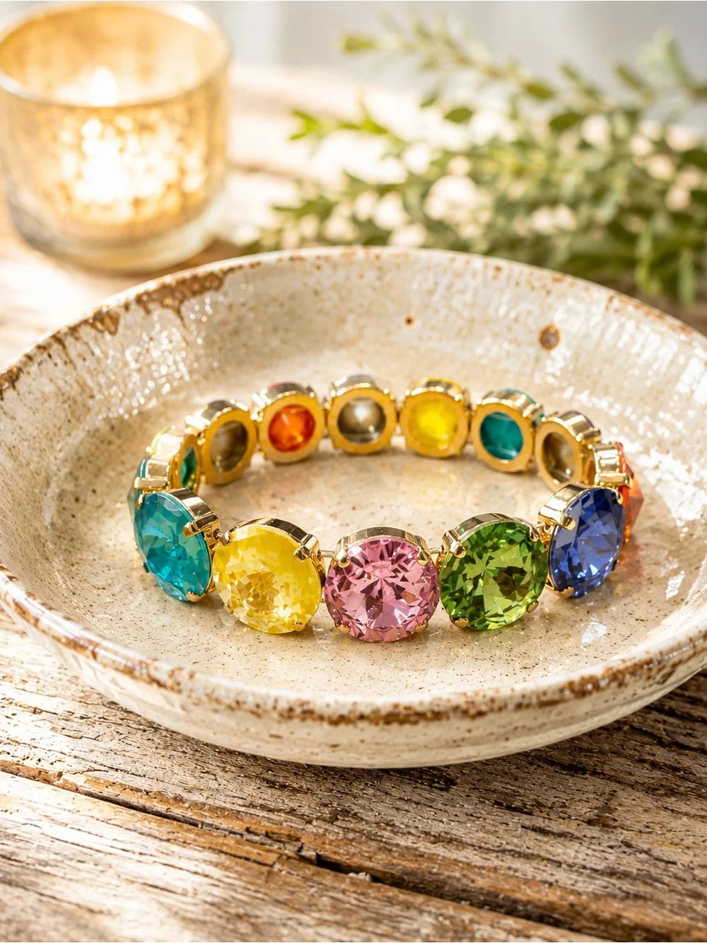 Handcrafted Rainbow Cup Chain Bracelet Swarovski Rivoli Crystal Multicolor W NWT