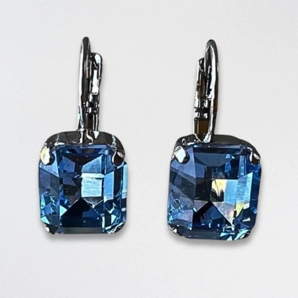 Handcrafted Emerald-Cut Earrings Austrian Crystal Light Sapphire Blue/Silver NWT