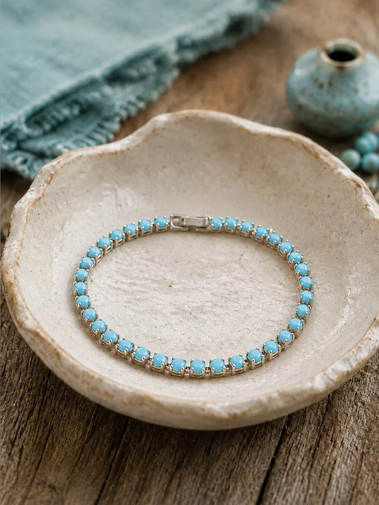 Opaque Turquoise Blue Crystal Tennis Bracelet – Silver Rhodium