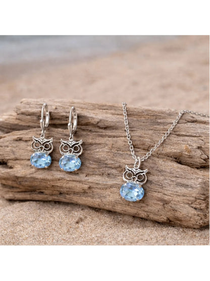 Silver Owl Earrings & Necklace Set – light sapphire crystals – Vintage Style