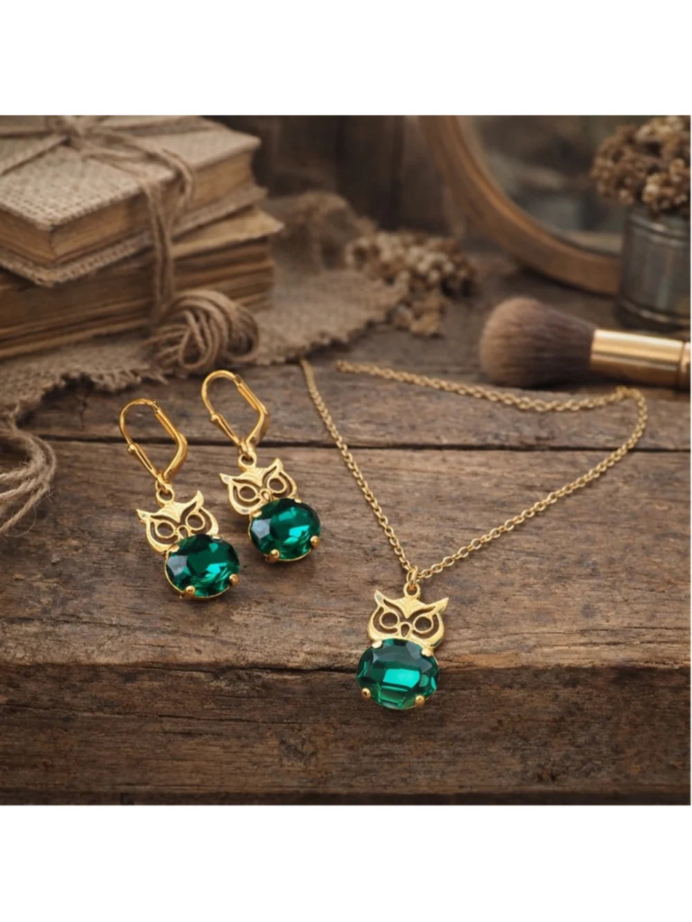 Gold Owl Earrings & Necklace Set – Emerald Green Crystal – Vintage Style